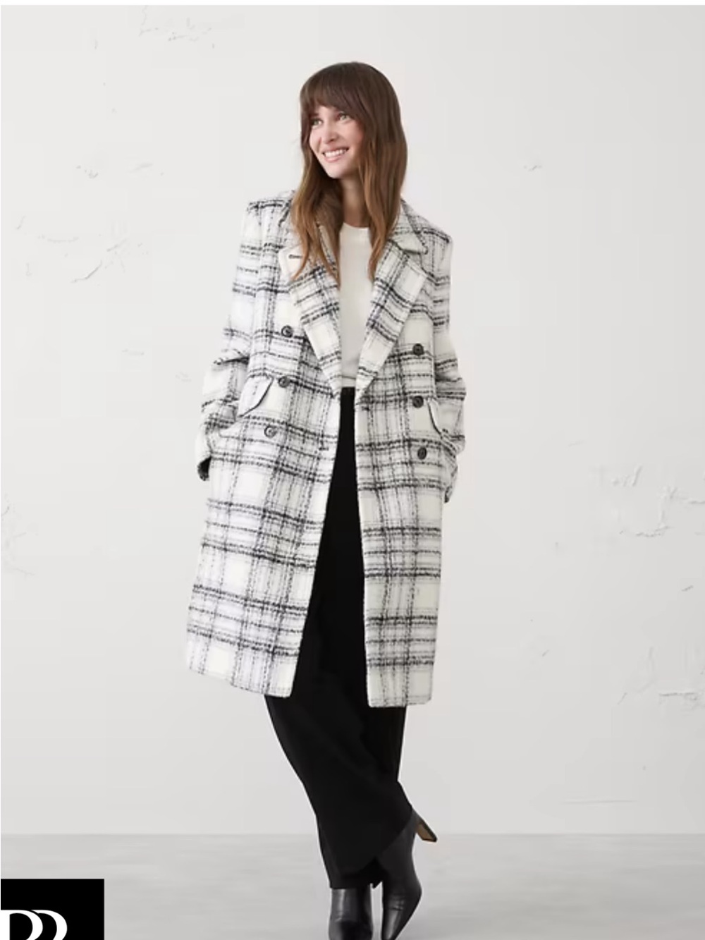 Banana Republic Black & White Plaid timeless top coat Double-Breasted Pea Coat